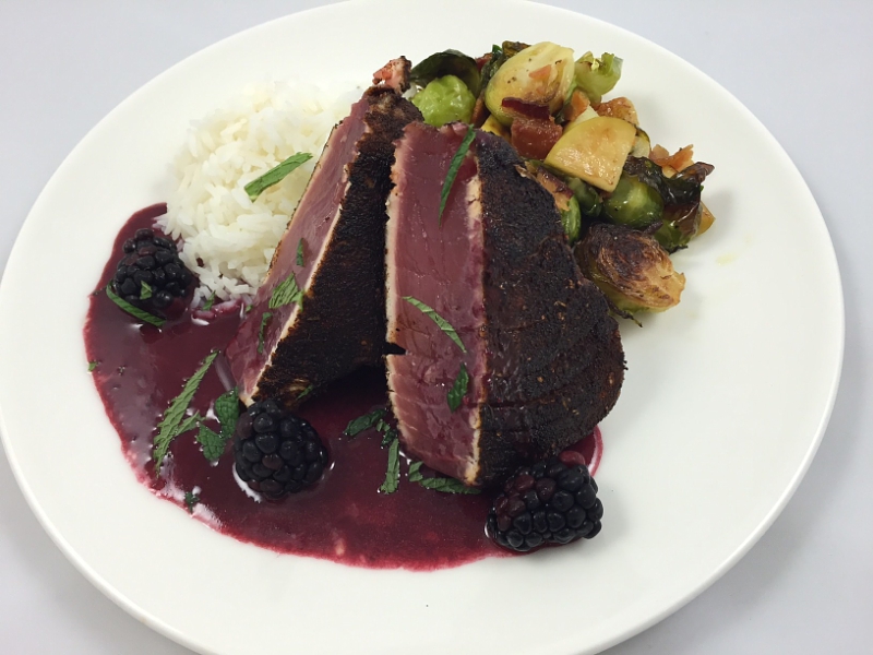 Legal Sea Foods is serving up two d-electable presidential dishes leading up to Election Day.  Guests at all restaurants can choose between the "Secretary of Steak" (pictured here) or the "Trump Tower."  The Clinton-inspired dish is a liberal helping of blackened tuna steak with jasmine rice, bacon-braised Brussels sprouts and blackberry beurre rouge. (PRNewsFoto/Legal Sea Foods)